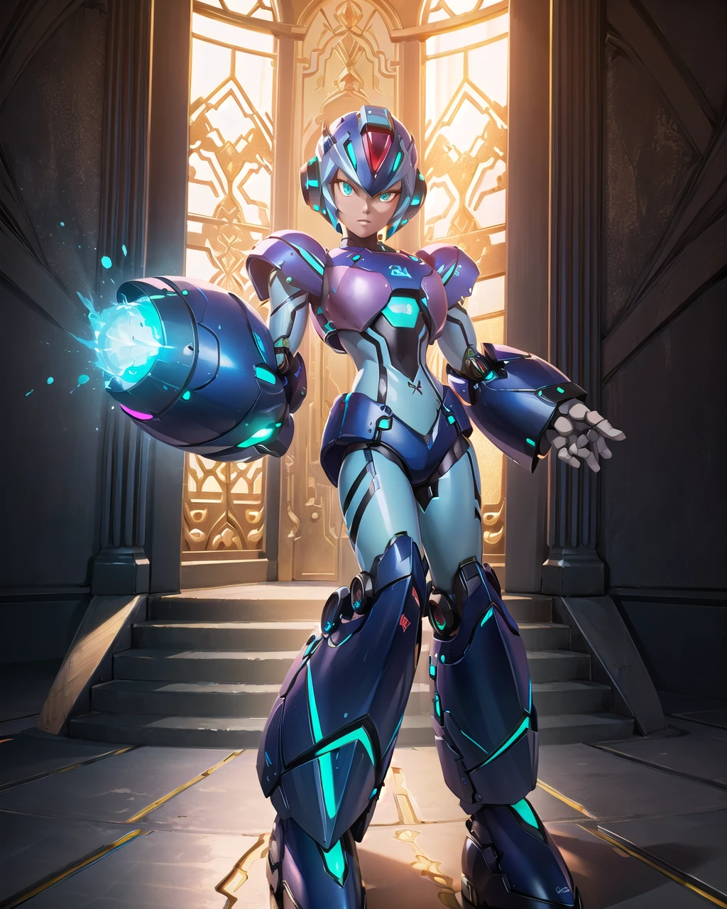 (masterpiece, 1boy, handsome, bishounen, glowing jewelry, octane render, cowl, clothed robot:1.6), In this extremely detailed and intricate romanticism masterpiece inspired by artworks of Giovanni Bellini, the artwork shows the scene a robotic cleric, resembling megaman x from megaman series, is smiling with bless on her face, under the sun. This elegant android is looking to the next siphonogamae at sides of a road of garden with curiosity, simutaneously inputting its visual information and analyzing it by her electronic brain. Her metallically shining body surface, decorated by sacred religious outfit, emits lighting and creates a stunning reflective sheen, revealing extreme beautiness added by transcendental existence. She is charging energy at her forehead jewel and tip of its arm cannon, to protect innocent people. (wide shot, x(ver.ke), arm cannon, x buster, x \(mega man\), polishing, glowing weapon, Nikon Coolpix 300, glowing blue, depth of field, ultra sharp focus, best illumination, robot ears:1.2), <lora:xVerx:0.48>