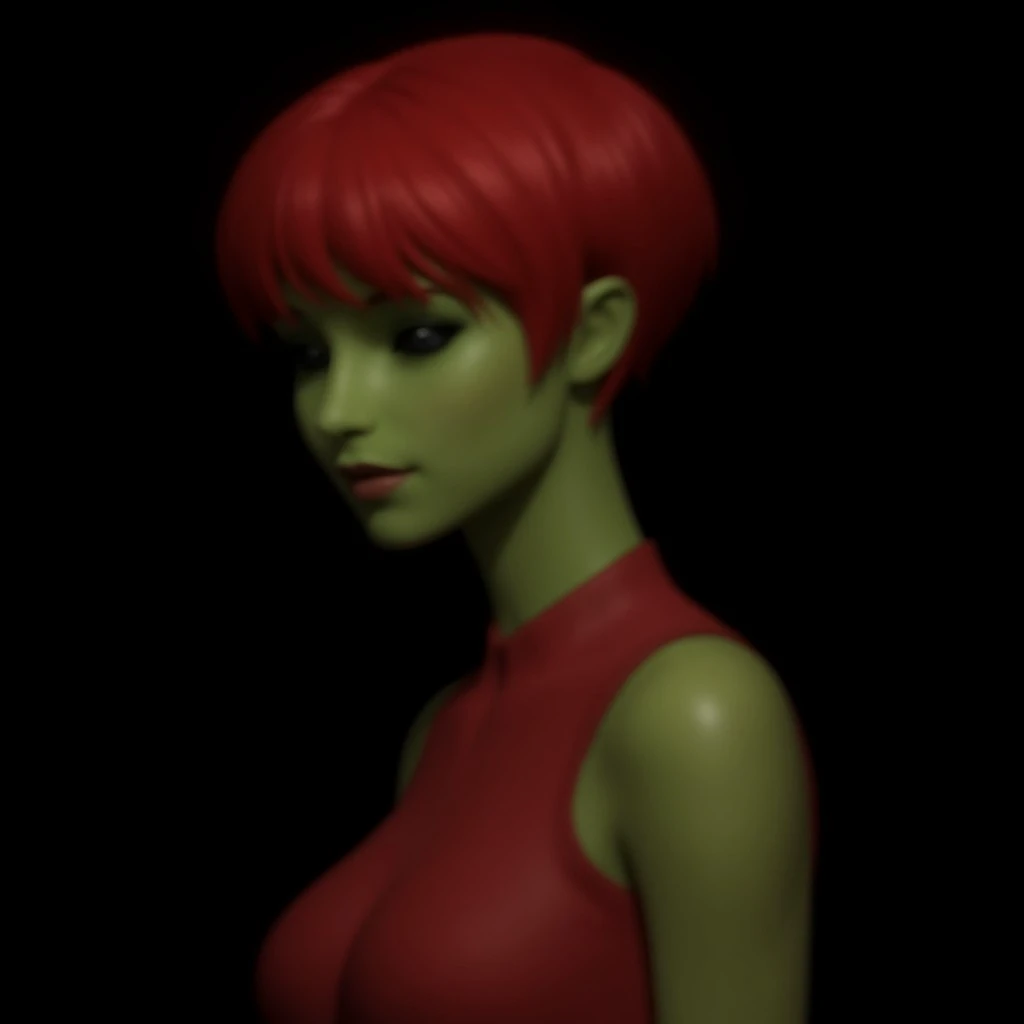 solo,posing,black background,looking at viewer,vector illustration,portrait,1woman, ((green skin)), ((black sclera)), black eyes, short hair, (red hair), red top, vantablack