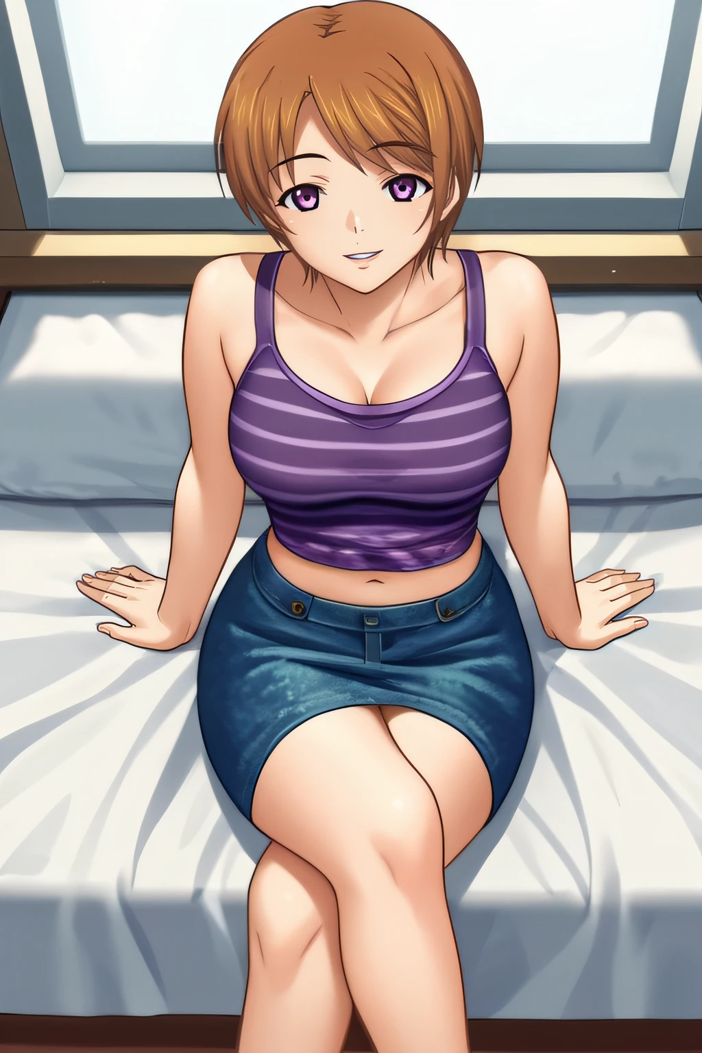 score_9, score_8_up, score_7_up, source_anime, rating_safe, intricate details, anime screencap, official style, 1girl, solo, <lora:Asai_Koharu:1>, koharu, light brown hair, purple eyes, purple tank top, striped top, midriff, denim skirt, large breasts, looking at viewer, smile, parted lips, indoor, cowboy shot, crossed legs, sitting on bed, from above