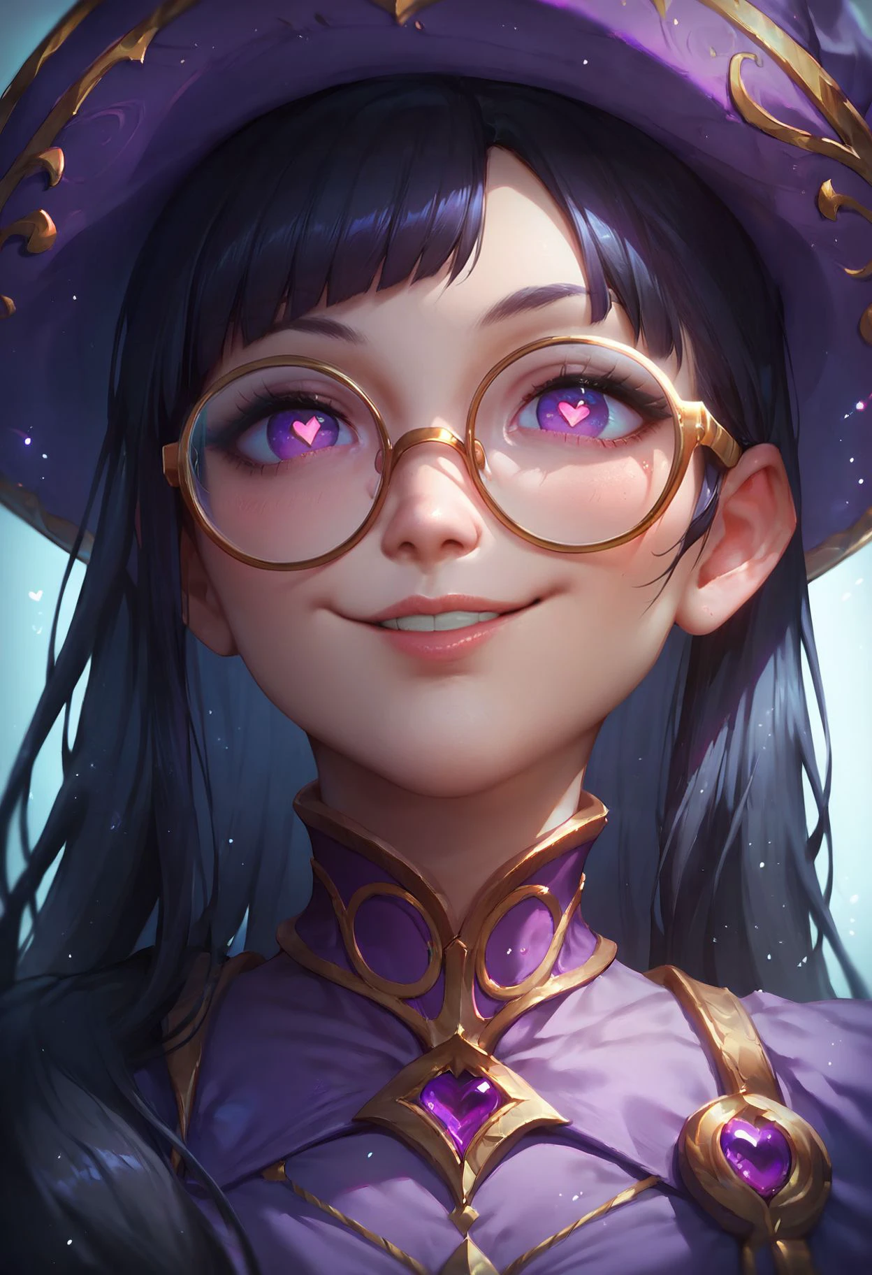 score_9, score_8_up, score_7_up, score_6_up, score_5_up, score_4_up, 1girl, solo, purple dress, golden details, glasses, purple eyes, heart-shaped pupils, smile, long hair, black hair, straight hair, bangs, (portrait, close-up:1.5), holding pumpkin, looking at viewer, symmetrical pose, dramatic lighting, <lora:ArtStyle_Bewitching_Fantasy:0.5> b3w1tch, witch hat,  <lora:(1)RealistifyPONY:0.6>