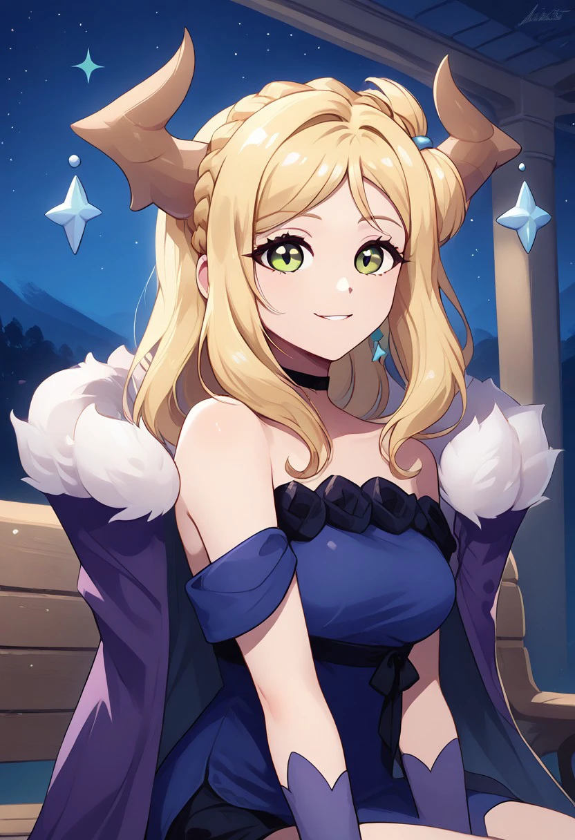 score_9, score_8_up, score_8, medium breasts, (curvy), cute, eyelashes, sitting on bench, side view, smile, looking at viewer,  ,,, 
(upper body:1), 
MariMari, green eyes, blonde hair, demon horns, long hair, crown braid, blue dress, purple gloves, bare shoulders, purple cape, off-shoulder dress, black choker, fur trim, 
night, stars, 
 BREAK, BREAK,  embedding:zPDXL, Expressiveh,  <lora:CatalystStylePDXL:0.3>,  <lora:SDXLFaeTastic2400:0.5>,  <lora:Expressive_H-000001:0.4>,