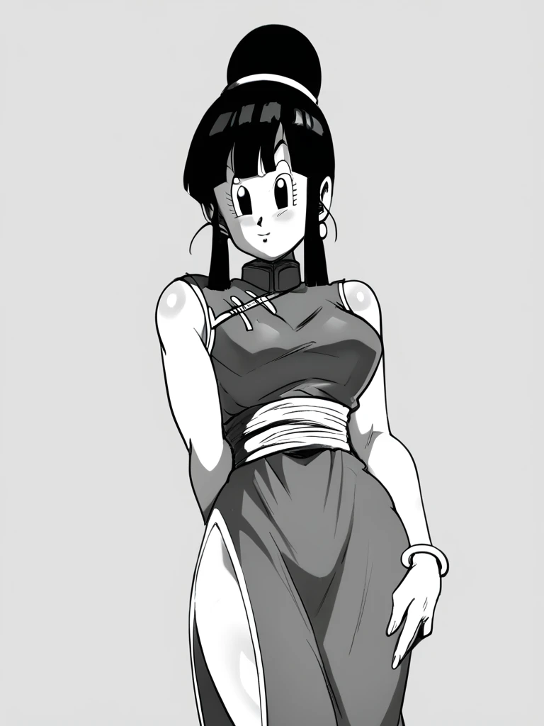 score_9, score_8_up, score_7_up, score_6_up, perfect hands, source_cartoon, (1girl, solo,)<lora:FunSexyDB_Style:1> monochrome, <lora:chichi_pony_v2:1> chi-chi, bangs, black hair, sidelocks, hair bun, black eyes, single hair bun, super outfit, bare arms, (bare legs), china dress, sleeveless, trim, cleavage, sash, chinese clothes, bracelet, side slit, naughty face,