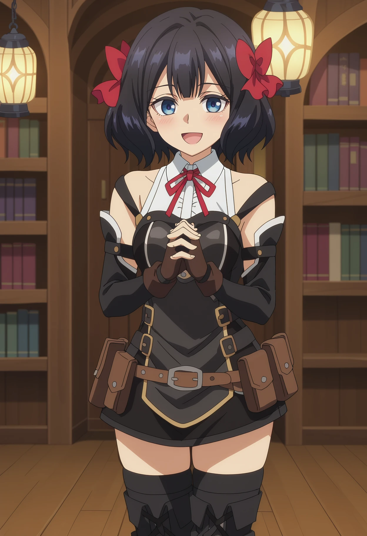 score_7_up, anime screencap,
<lora:NagekiNoBoureiWaIntaiShitai_TinoShadeXL:0.9>, TinoShade,
1girl, solo, open mouth, smile, blush,
medium hair, black hair, blue eyes, hair bow, red bow,
white shirt, collared shirt, neck ribbon, red ribbon, harness, grey dress, black dress, detached sleeves, brown gloves, fingerless gloves, brown belt, belt pouch, black thighhighs,
own hands together, thigh gap, standing, looking at viewer,
indoors, wood, hall, fantasy, lantern, bookshelf