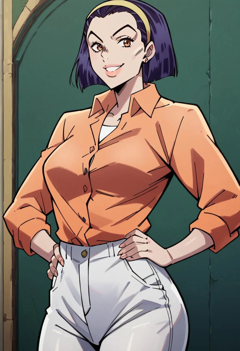 score_9, score_8_up, score_7_up, outdoors, 1girl, Tomoko Higashikata, orange shirt, button-up shirt, white pants, standing, hands on hips, looking at viewer, smile, light skin, big breasts, wide hips, correct hands, (highest quality, perfect quality, best quality, highly detailed, intricate detail, beautiful eyes, detailed face and eyes, perfect background, detailed background, detailed body, detailed anatomy, perfect anatomy, high-contrast),