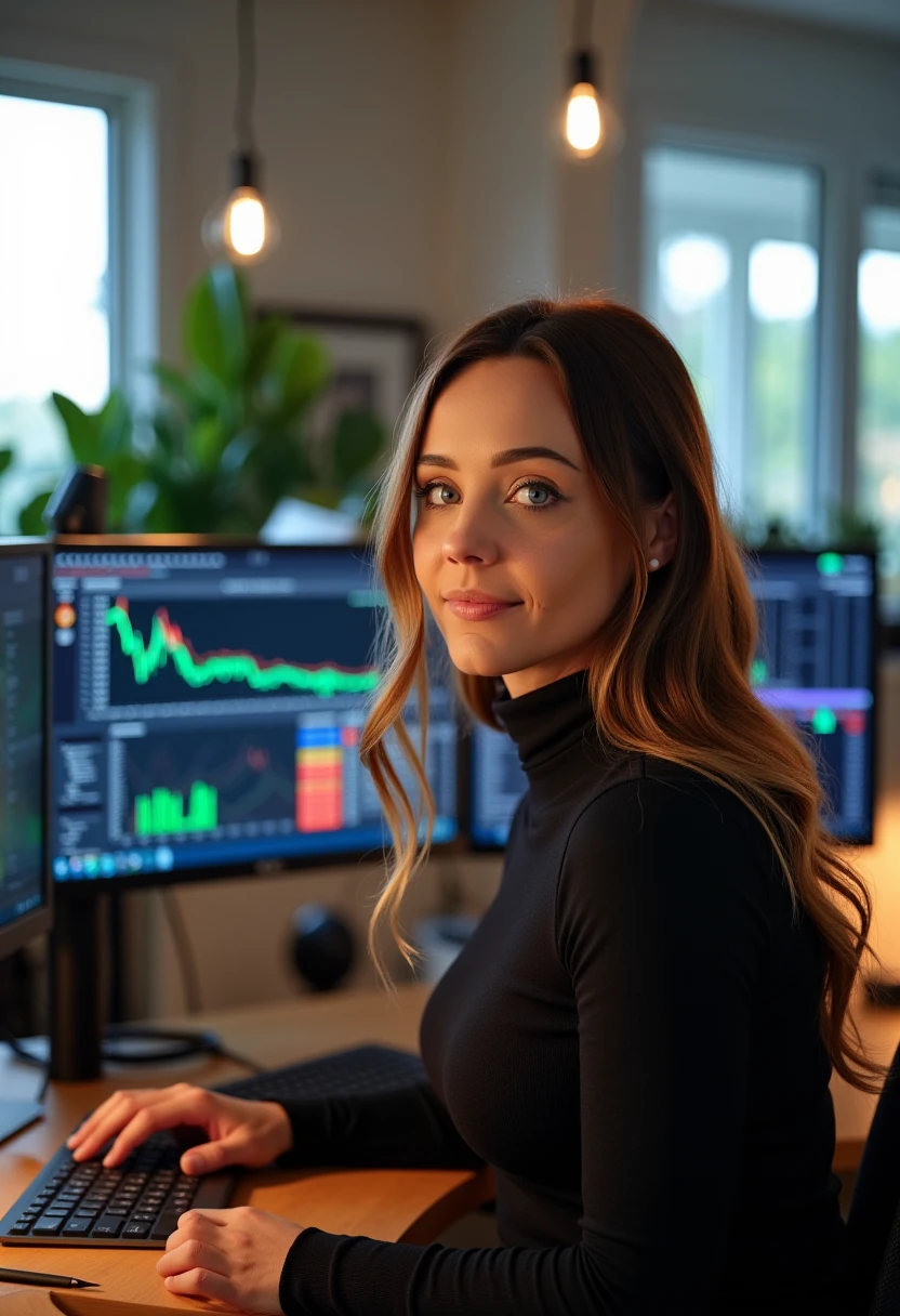 This is a high-resolution photograph capturing a close-up of a woman working in a modern, brightly lit office environment. The woman, positioned in the foreground, has long, wavy hair that cascades down her shoulders. She has a fair complexion and is wearing a black turtleneck sweater. Her expression is focused and serious, with a slight smile. She is looking directly into the camera, with her blue eyes engaging the viewer.

In the background, there are multiple computer monitors displaying complex data and graphs, indicating a work environment focused on data analysis or financial trading. The screens are illuminated with a mix of blue, green, and orange colors, suggesting various data sets and charts. The monitors are positioned on a desk, which is cluttered with various office supplies and electronic devices, including a keyboard and a pen.

The overall ambiance of the office is modern and professional, with warm, ambient lighting that creates a cozy yet productive atmosphere. The blurred background reveals a glimpse of potted plants and a large window, allowing natural light to filter through. The textures in the image range from the softness of the woman's hair to the smooth surfaces of the computer monitors and the roughness of the desk's surface. P1P3R
