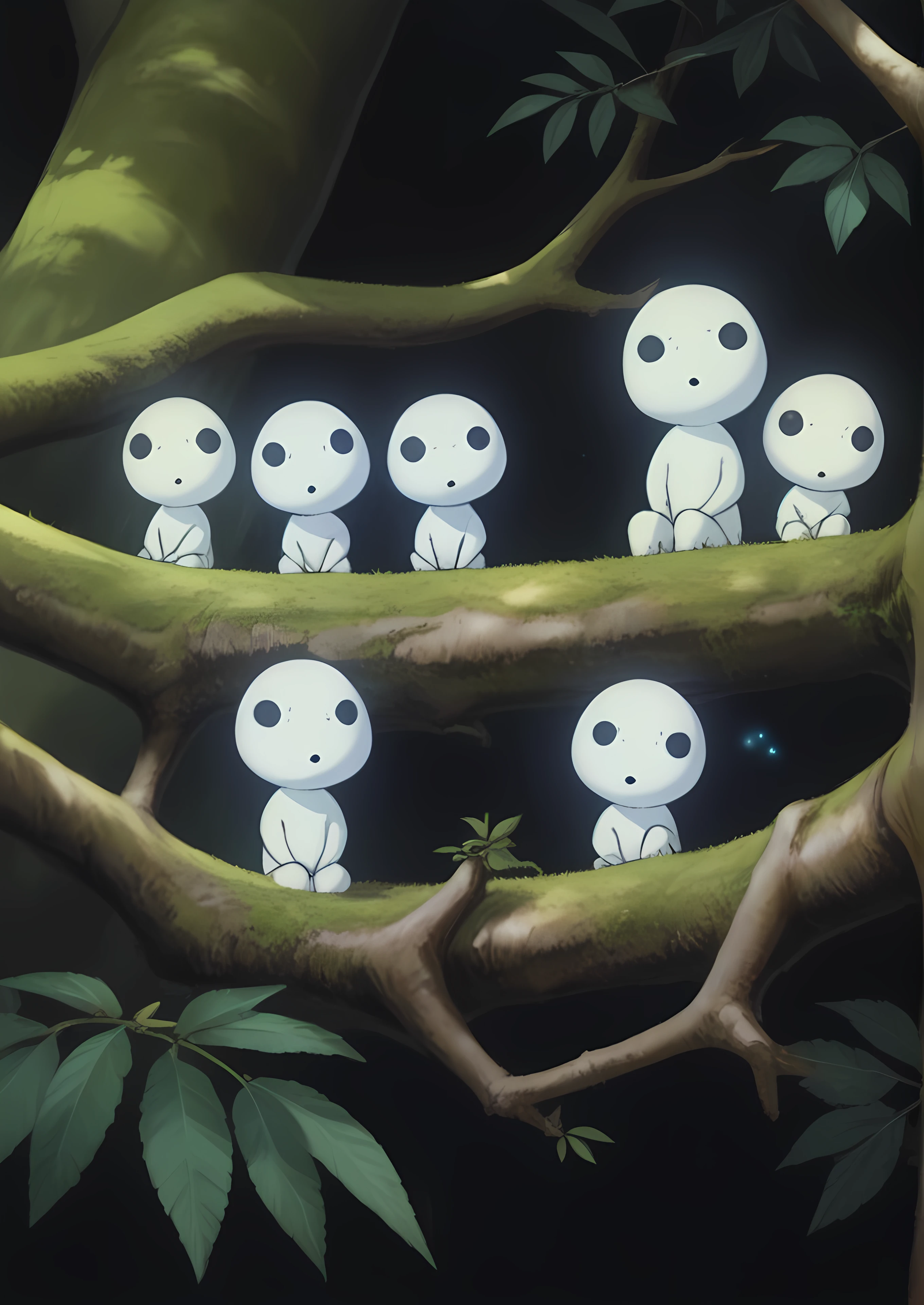 score_8_up, score_7_up, source_manga, rating_safe, <lora:Kodama_Tree_Spirit_-_Princess_Mononoke_1997:0.7> k0D4mA, 4kodama, group, spirits, ghosts, large heads, black eyes, 3 dots, no nose, small body, white body, transparent body, sitting, tree branch, random, (profiles:0.5)