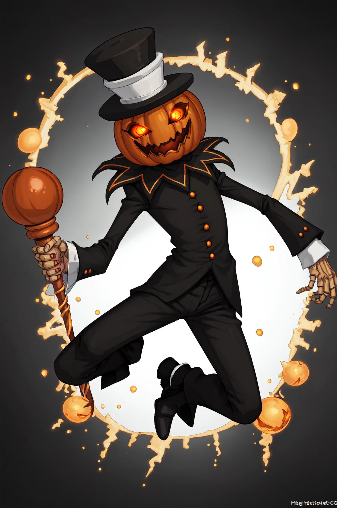 jakkRo, top hat, pumpkin head, black pants, glowing eyes, suit, long sleeves, no human, 
holding staff, solo,
jumping, 
white background,
 <lora:jakkROV1.0-000007:0.85>