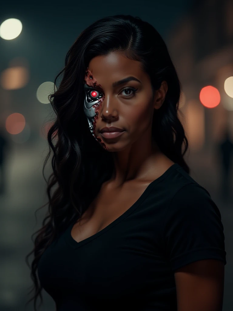 ((TerminatorBattleDamage)), a beautiful (((black african american woman))) ((with facial battle damage consisting of torn flesh and blood and gore that reveals a terminator robot endoskeleton and red robot eye)), she wears a black t-shirt, she looks into the camera with a serious facial expression, the image background is a dark city street at night with dim lighting and dynamic lighting that evokes a foreboding atmosphere, the style of the image is a gritty science fiction thriller scene with intricate and in-depth detail, <lora:Hyper-FLUX.1-dev-8steps-lora:0.125>, <lora:TerminatorBattleDamage_Flux-000006:1>