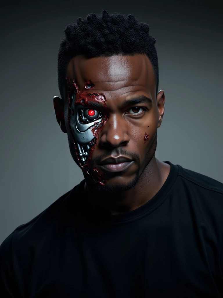 ((TerminatorBattleDamage)), a muscular (((black african american man))) with short hair and facial hair, and ((with facial battle damage consisting of torn flesh and blood and gore that reveals a terminator robot endoskeleton and red robot eye)), he wears a black t-shirt, he looks into the camera with a serious facial expression, the image background is a dark city street at night with dim lighting and dynamic lighting that evokes a foreboding atmosphere, the style of the image is a gritty science fiction thriller scene with intricate and in-depth detail, <lora:Hyper-FLUX.1-dev-8steps-lora:0.125>, <lora:TerminatorBattleDamage_Flux-000006:1>