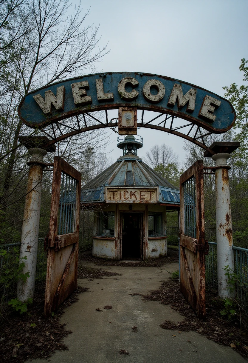 A ghostly amusement park entrance, its gates hanging crooked on rusted hinges. A weathered sign reads "Welcome" in faded letters, surrounded by dense overgrowth. The ticket booth is shattered, and the pathways are littered with debris, all under a gloomy, overcast sky.  <lora:urban-decay-parks_v10_rank64_bf16-step02160:1>, abndnd_plcs_prks,