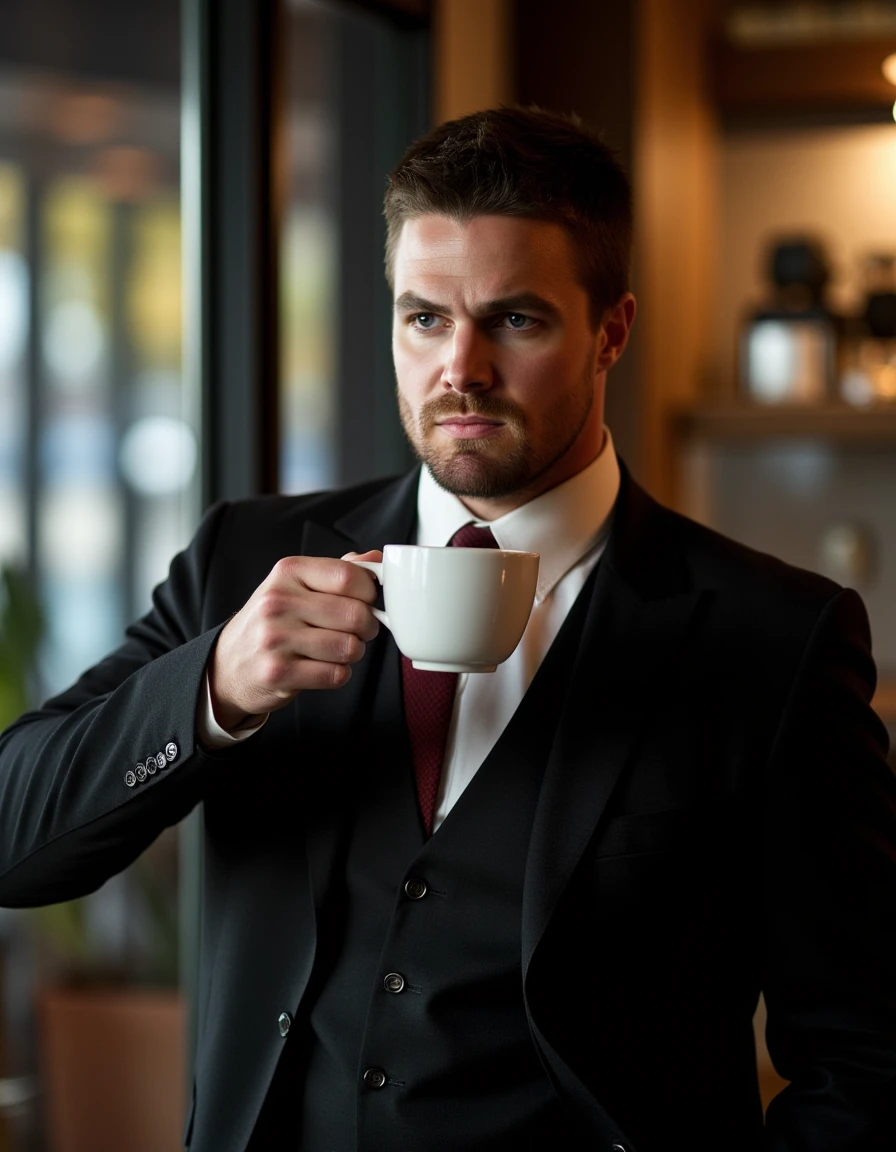 <lora:Arrow_Flux:1> this is an image of a man, short hair, designer suit, serious expression, Standing in a cafe having a coffee.