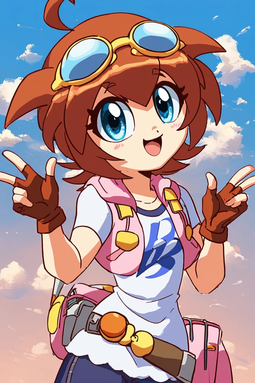 score_9, score_8_up, score_8, medium breasts, (curvy), cute, eyelashes,       BREAK, ,  ,,, <lora:Amano_Madoka_Beyblade_PDXL:1>, zzAmano, blue eyes, short hair, brown hair, ahoge,   goggles on head, shirt, short sleeves, vest, gloves, belt, fingerless gloves, open clothes, ,,,  , BREAK, smile, looking at viewer, cowboy shot, ,,, embedding:zPDXL, <lora:DiivesP1:0.7>,