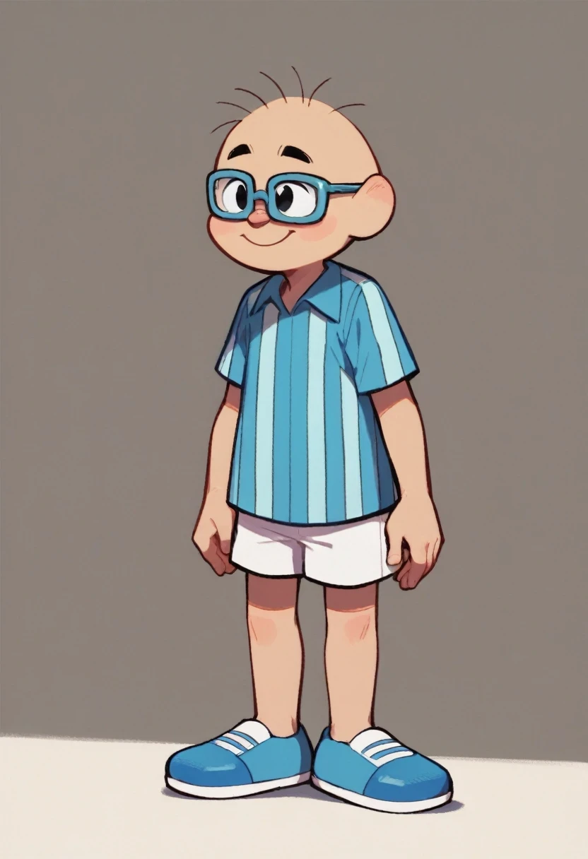 Teveluisao, solo, shirt, 1boy, standing, full body, shorts, glasses, striped clothes, black eyes, blue shirt, blue footwear, white shorts, striped shirt, style parody, vertical-striped shirt,