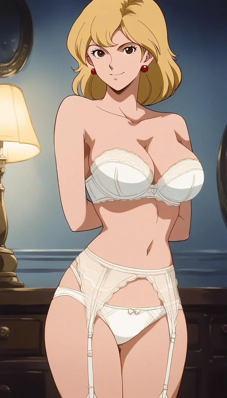 score_9, score_8_up, score_7_up, source_anime, rating_explicit, BREAK <lora:Mine_Fujiko_TG_XL:1>Mine_Fujiko_TG, blonde hair, medium hair, large breasts, brown eyes,  
1girl, underwear, solo, bra, panties, white bra,  garter belt, white panties, navel, lingerie, underwear only, smile, indoors, 
strapless, lamp, looking at viewer, cleavage, strapless bra, profile,  bare shoulders