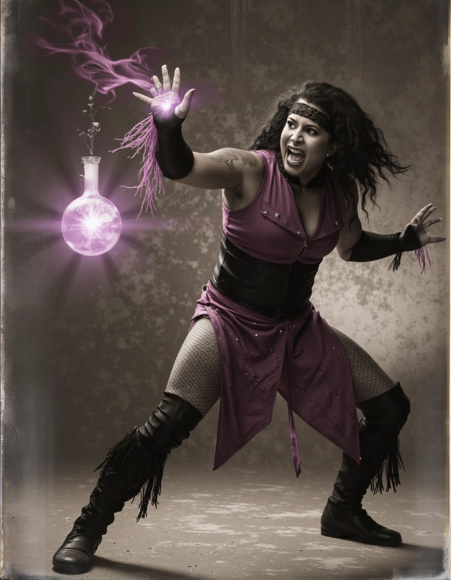 Old postcard depicting Nyla Rose in a deadly fight against a purple potion