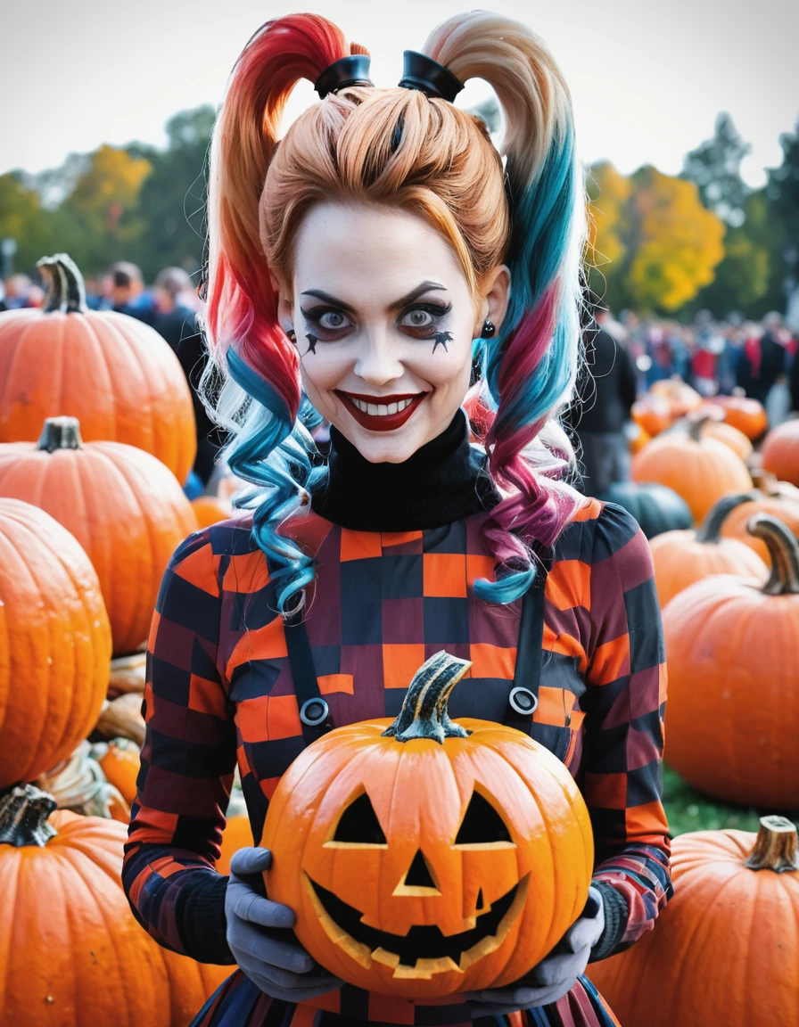 a professional absurdres sharp-focus intricately detailed photograph of Lauriane_Gilliéron with a creepy grin, 
cute hair, intricately stitched turtleneck long dress, looking at the viewer,
cosplaying as harley quinn wearing a pumpkin,
<lora:Lauriane_Gilliéron-SDXL:1>