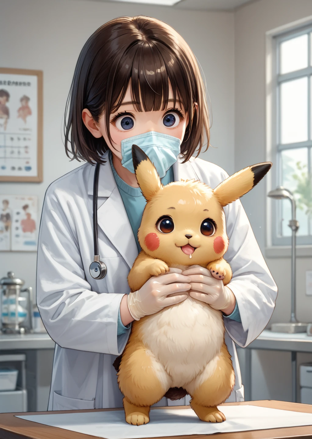 score_9, score_8_up, score_7_up, score_6_up, score_5_up, score_4_up, vetcheck, human, veterinarian, lab coat, rubber gloves, inspection, hands, holding animal, animal focus, 1boy, inspection table, cute female furry feral chibi pikachu, standing, blushing, drooling, source_furry  <lora:Veterinarian_inspection:0.7>