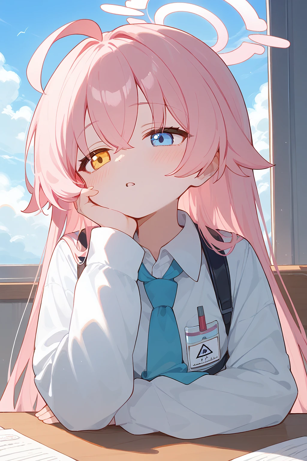 (score_9,score_8_up,score_7_up),<lora:hoshino (blue archive)-v1:1>,hoshino (blue archive),1girl,solo,necktie,halo,long hair,shirt,pink hair,heterochromia,blue necktie,blue eyes,ahoge,white shirt,window,collared shirt,long sleeves,sky,head rest,bangs,indoors,cloud,day,blue sky,desk,hair between eyes,yellow eyes,parted lips,hand on own face,looking away,upper body,harness,school uniform,blush,
good feet,anime,NSFW,expressive,amazing quality,ultra hd 32k,