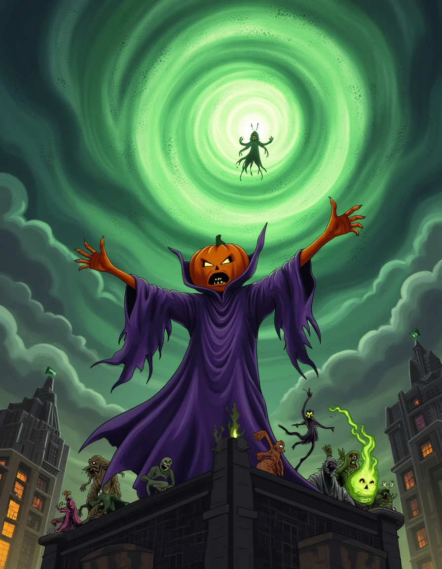 <lora:Samhain_Flux:1.5> Halloween night, Pumpkin head, ripped purple robes, arms out stretched as he casts a deadly spell. On the top of a building in a city. Swirling vortex's of  green energy appearing in the clouds. Ghost and demons emerge from the vortexes, dozens of ghouls, goblins and monsters are on the surrounding rooftops.