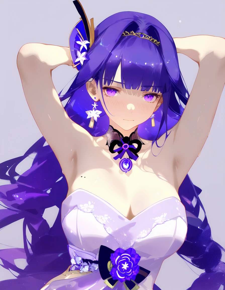 masterpiece,best quality,very aesthetic,absurdres,1girl,raiden_shogun,solo,dress,purple_eyes,jewelry,necklace,purple_hair,long_hair,white_background,looking_at_viewer,breasts,armpits,earrings,arms_up,strapless,tiara,simple_background,hair_bun,blue_dress,strapless_dress,closed_mouth,bare_shoulders,upper_body,flower,alternate_costume,arms_behind_head,bare_arms,single_hair_bun,blunt_bangs,very_long_hair,medium_breasts,mole_under_eye,blush,purple_flower,mole,alternate_hairstyle,