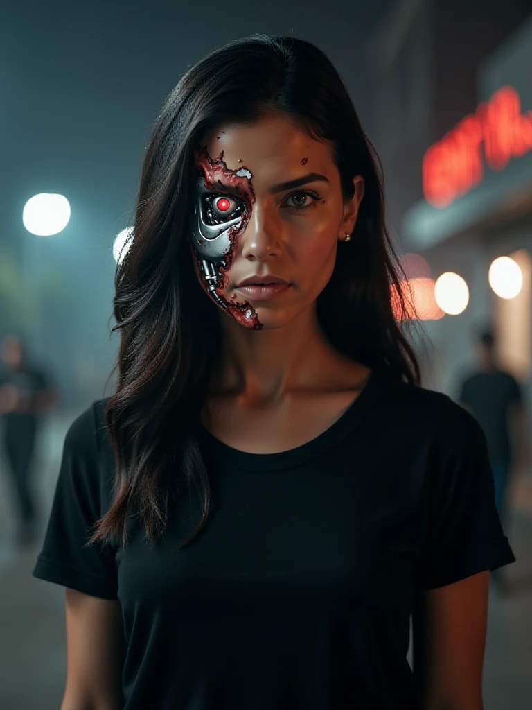 ((TerminatorBattleDamage)), a beautiful slender (((Hispanic girl))) ((with facial battle damage consisting of torn flesh and blood and gore that reveals a terminator robot endoskeleton and red robot eye)), she wears a black t-shirt, she looks into the camera with a serious angry facial expression, the image background is a dark city street at night with dim lighting and dynamic lighting that evokes a foreboding atmosphere, the style of the image is a gritty science fiction thriller scene with intricate and in-depth detail, <lora:Hyper-FLUX.1-dev-8steps-lora:0.125>, <lora:TerminatorBattleDamage_Flux-000006:1>