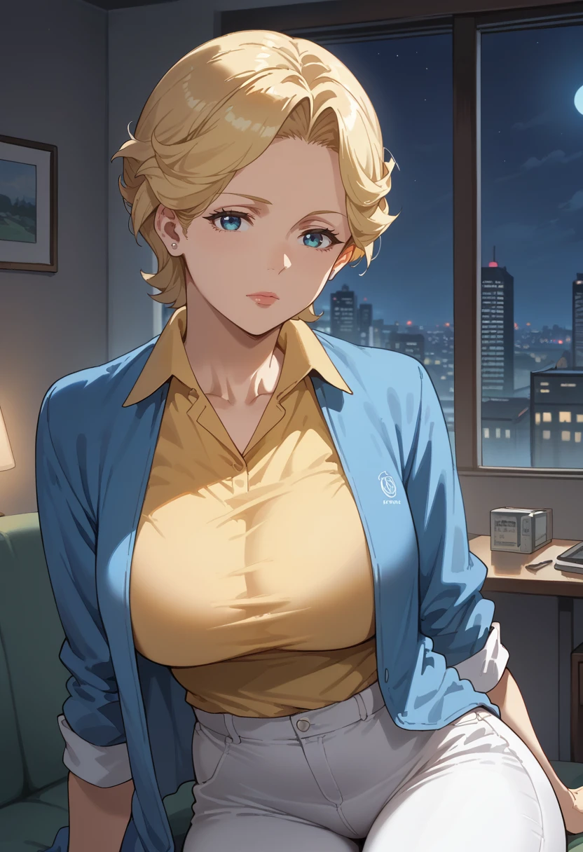 score_9, score_8_up, score_7_up, score_6_up, source_anime, absurdres, highres, character focus, from front, looking at viewer, kaori fellows, 1girl, solo, mature female, short hair, blue eyes, shirt, blonde hair, closed mouth, collared shirt, blue jacket, black bra, large breasts, white pants, yellow shirt, science fiction, night, indoors, city, <lora:KaoripersonFellows__Psycho-Pass:0.8>