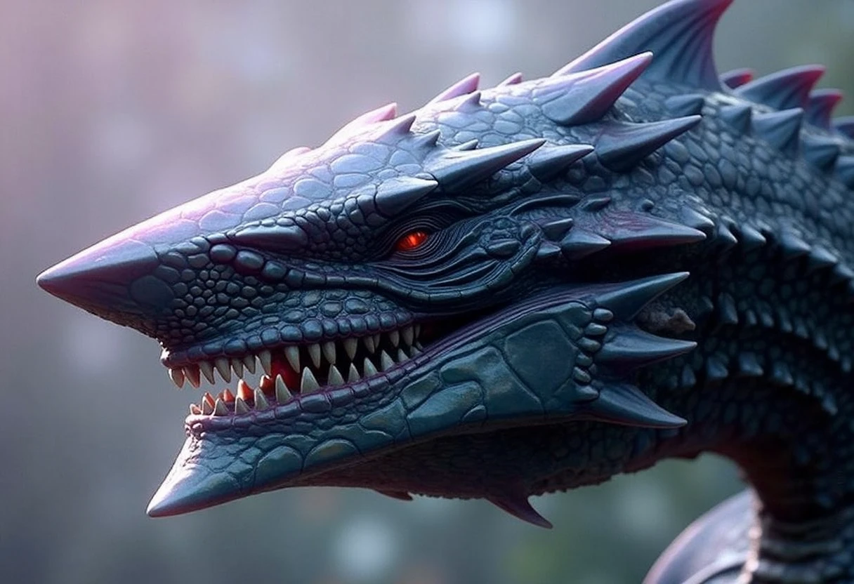 dr490n639. This is a highly detailed CGI rendering of a dragon's head, characterized by its sleek, elongated, and angular design, almoste like a shark. The dragon's head is predominantly dark blue with subtle gradients of purple and green, giving it a metallic, almost iridescent appearance. The texture of the scales is meticulously crafted, showcasing a rough, scaly surface with a slightly glossy finish, enhancing the realism. The dragon's eyes are a striking, intense red, adding a sense of ferocity and intelligence to its expression. The head features a prominent, elongated snout with sharp, jagged teeth visible within its open mouth, giving it a menacing appearance. The dragon's neck is muscular and thick, transitioning seamlessly into its body, which is not visible in this close-up view. The background is a soft, blurred gradient of purples, blues, and greens, which complements the dragon's color scheme and adds depth without distracting from the subject. The overall style of the image is highly realistic, with a focus on anatomical accuracy and attention to detail, making it appear lifelike and immersive.