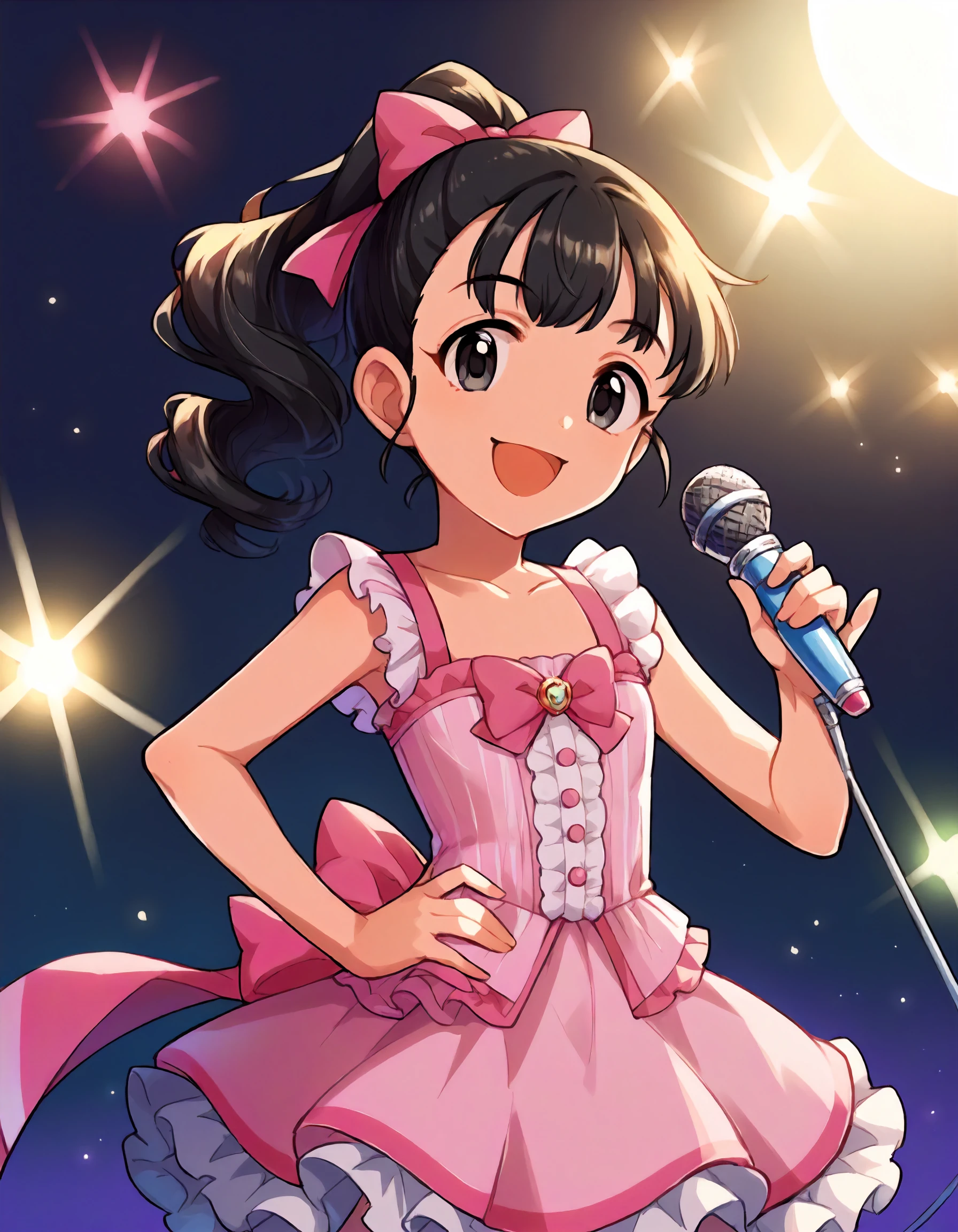 score_9,score_8_up,score_7_up,1girl,solo,cowboy shot,looking at viewer,smile,open mouth,hand on hip,holding microphone,stage lights,
<lora:fukuyamamai_ponyXLV6:0.8>,cgfm,
black hair,wavy hair,ponytail,black eyes,flat chest,
pink dress,frills,pink bow