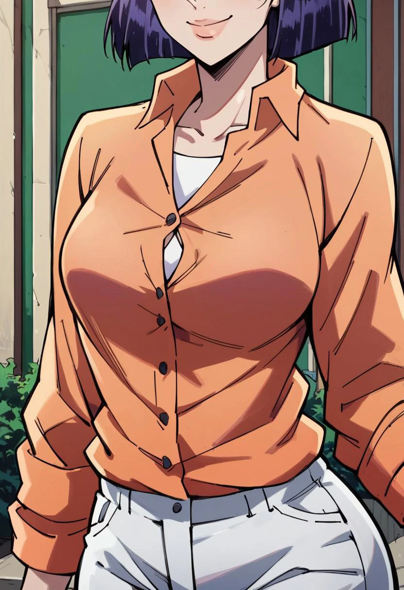 score_9, score_8_up, score_7_up, outdoors, close-up, 1girl, Tomoko Higashikata, orange shirt, button-up shirt, white pants, standing, looking at viewer, smile, light skin, big breasts, wide hips, correct hands, (highest quality, perfect quality, best quality, highly detailed, intricate detail, beautiful eyes, detailed face and eyes, perfect background, detailed background, detailed body, detailed anatomy, perfect anatomy, high-contrast),