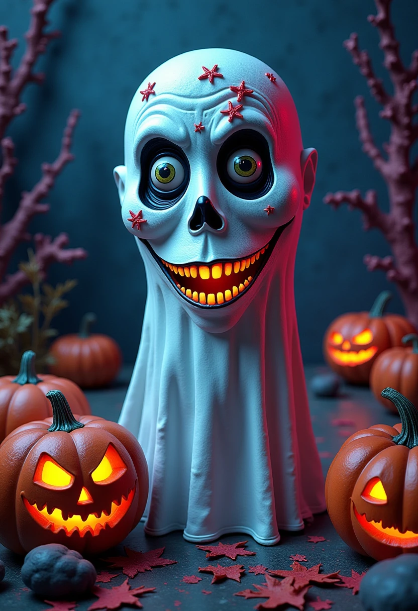 the spookymoky ghost holding pumpkins celebrating helloween. Bizarredreams  <lora:FLUX_Bizarredreams:0.5> <lora:FLUX_Helloween_Spookymoky_Style:1>