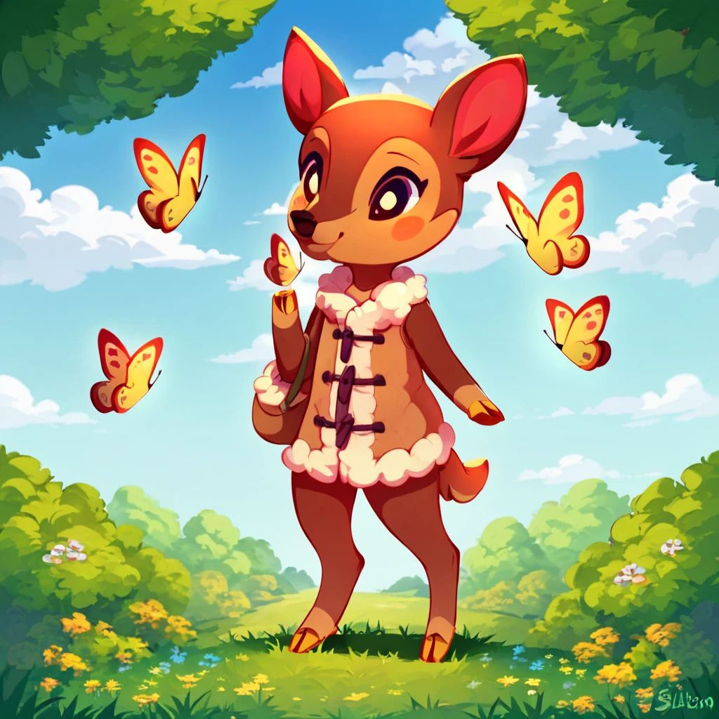 score_9_up, score_8_up, score_7_up, score_6_up, fauna \(animal crossing\), anthro, deer girl, sleeveless brown coat, brown fur, full body, smile, standing, cloven hooves, happy BREAK Outdoors, butterfly, grass, trees, cute, adorable, masterpiece, high detail, best quality, amazing quality, great quality, 4k