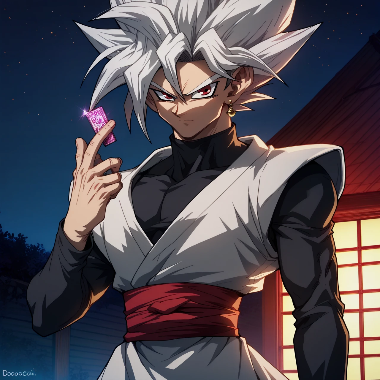 zPDXL3, score_9, score_8_up, score_7_up, score_6_up, score_5_up, score_4_up, highres, incredibly absurdres, highly detailed, outdoors, dark, night, closed mouth, 1boy, solo, <lora:Goku_Black_Super_Saiyan_Rose:0.5> ssgb, spiked hair, white hair, red eyes, single earring, grey dogi, black turtleneck sweater, long sleeves, red sash, super saiyan, looking at viewer,  <lora:Dark_Side_of_Dimensions:0.6>