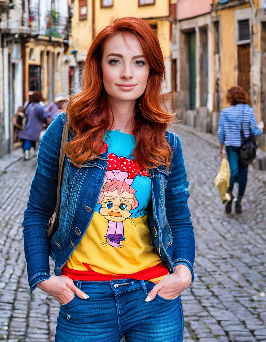 <lora:JeansGirl:1>  full color photo of  a jeansgirl with auburn hair and medium breasts wearing denim, fashion shot in the streets of Porto