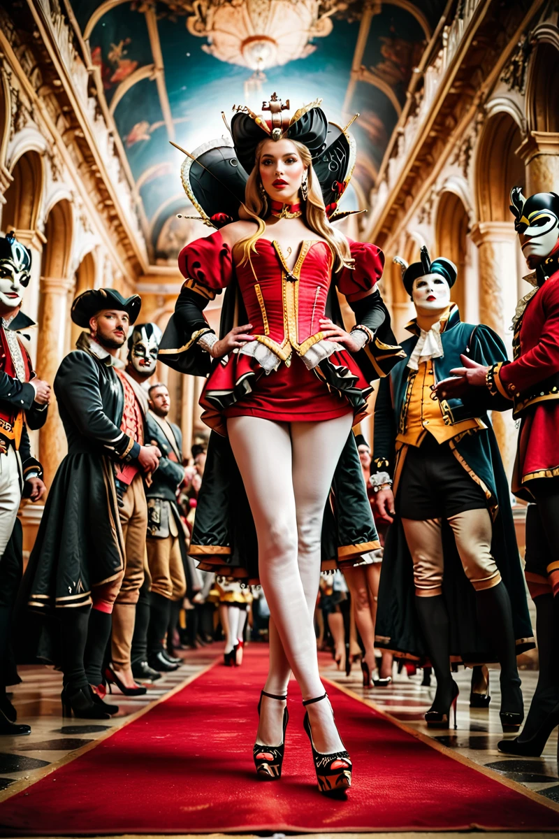 hires digital photo, photorealism,  <lora:Emmanuelle_von_Liebwitz_XL:1> from below, grand ball room interior, 3m@nn3u3lle walking on a red carpet, wearing red and yellow strapless dress, black and silver detached sleeves, high-collared cloak, thighhigh heels, looking up, looking away. She is surrounded by masked men and women wearing elaborate masquerade costumes. Baroque, atmospheric, reinassance painting, intricate details, high resolution,