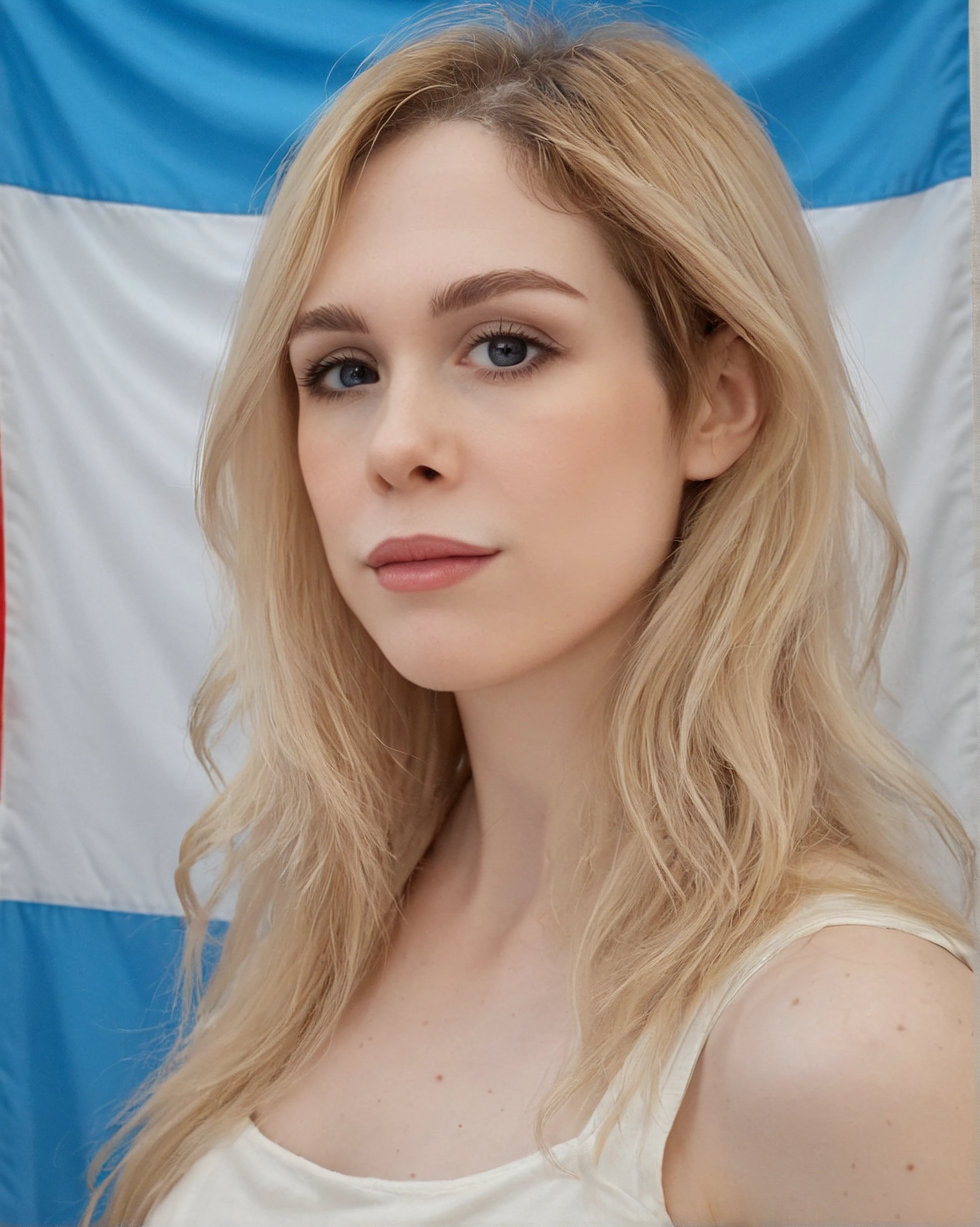 l3m01n3, 1girl, pale skin, blonde long hair, portrait, argentina flag background