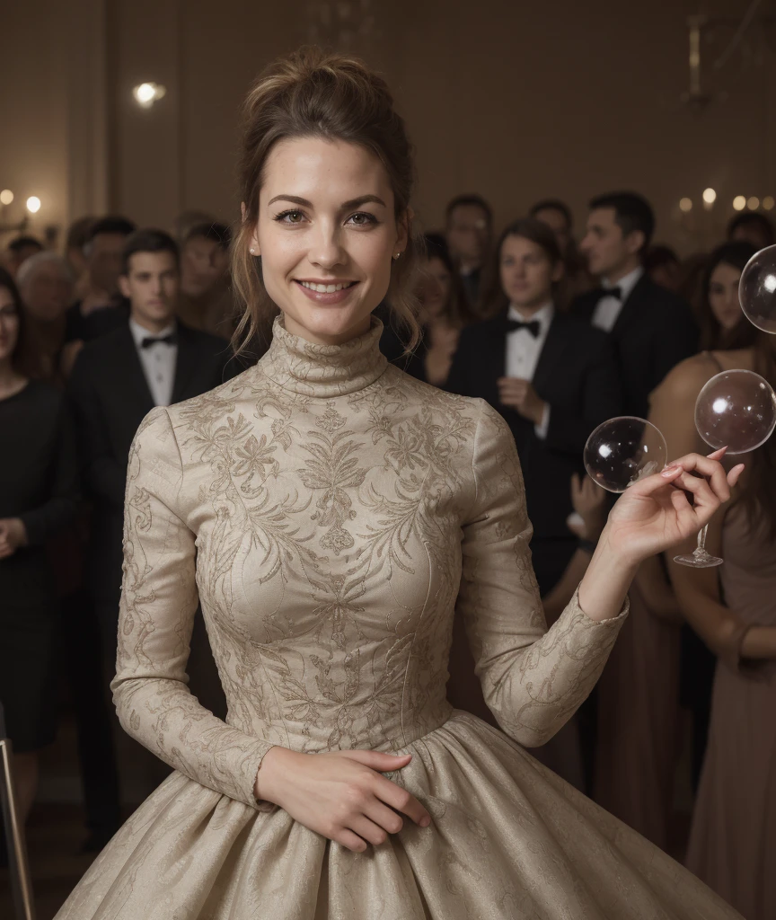 a professional absurdres sharp-focus intricately detailed portrait photograph of (Lauriane_Gilliéron:1.1) with a creepy grin, 
cute hair, intricately stitched turtleneck long dress, looking at the viewer,
 <lora:Lauriane_Gilliéron-SD:0.8> , at a crowded party,
blowing bubbles with a hookah,