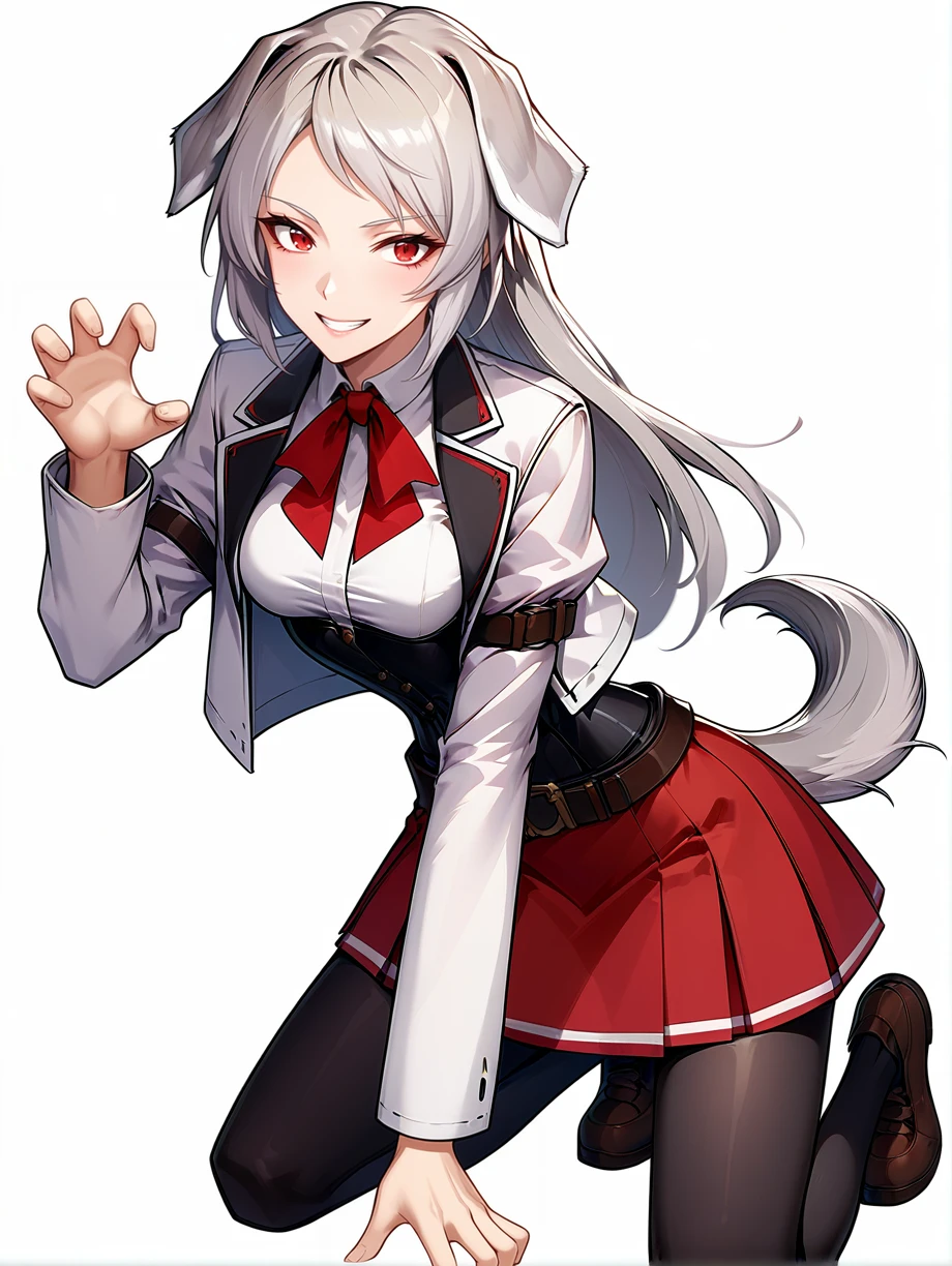 score_9, score_8_up, score_7_up, source_anime
1girl, solo,
pursena adoldia, red eyes, long hair, (grey hai, dog ears, grey dog ears,,dog tail, short tail
red skirt, black corset, (white shirt), white jacket, red ribbon, bow, black pantyhose, belt, smile, happy
white background, kneeling, brown shoes, black pantyhose
medium breasts,
claw pose, fingernails
<lora:Expressive_H:0.2> <lora:housechores-guy-PONYv1:0.4>  <lora:pursena 0.1:1>