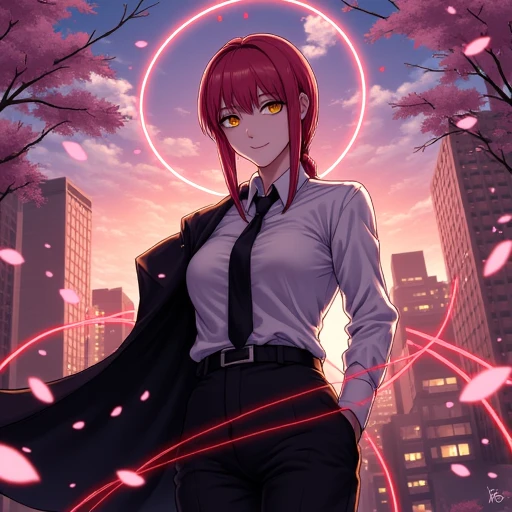 makima, anime style, woman, high detail, solo, standing, vibrant red hair, long straight hair, yellow ringed eyes, confident smirk, white collared shirt, black tie, government uniform, pale skin, slender figure, control devil aura, glowing red lines, floating red strings, cherry blossom petals, Tokyo cityscape background, twilight sky, lens flare, dynamic pose, hands in pockets, sharp shadows, slight wind effect, ominous atmosphere, clean line art, vivid colors, smooth shading, sparkle effects, ethereal glow, official's coat draped over shoulders, floating shadowy devil silhouettes, magic circle under feet, hypnotic eye pattern