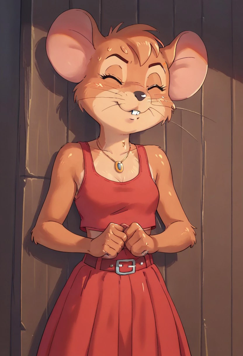 score_9, score_8_up, score_7_up, (tsunbeji style) , tcm_emily, anthro, mouse, red skirt, red tank top