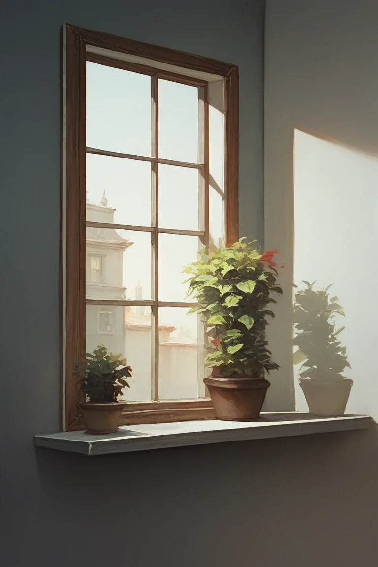 score_9, score_8_up, score_7_up,"The image shows a painting of a potted geranium plant sitting on a window sill, with a window and a curtain in the background. The painting is done in oil on canvas, giving it a vibrant and colorful look."