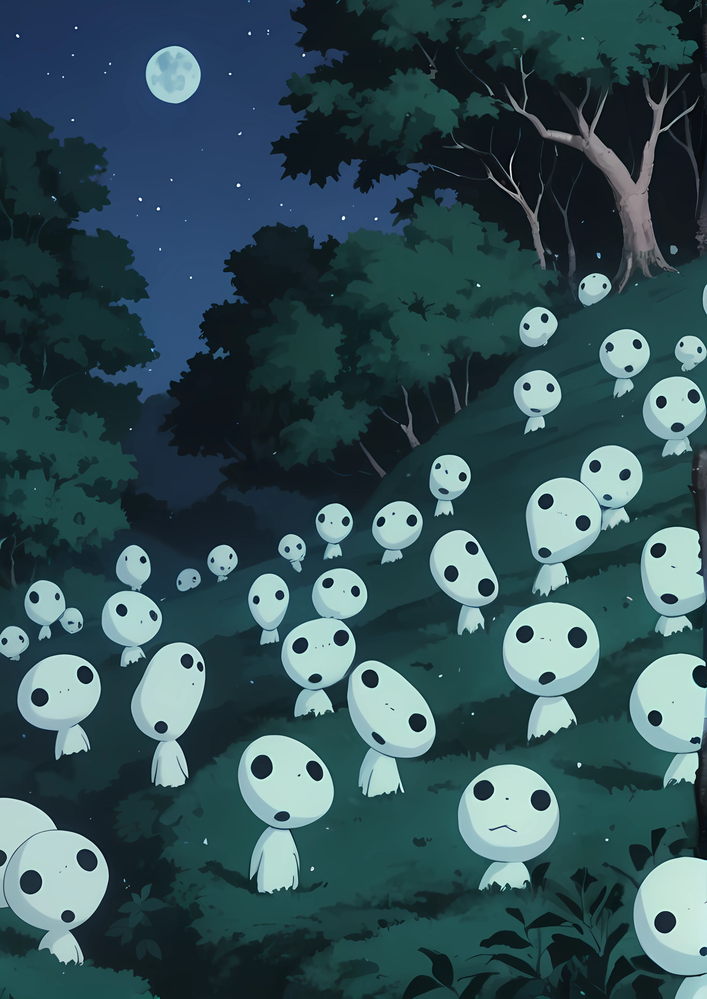 score_8_up, score_7_up, source_manga, rating_safe, <lora:Kodama_Tree_Spirit_-_Princess_Mononoke_1997:0.7> k0D4mA, 4kodama, spirits, ghosts, large heads, black eyes, 3 dots, no nose, small body, white body, transparent body, covered in leaves, in the trees, forest background, random, (profiles:0.5), volumetric glow, night time, at night, dark, close-up