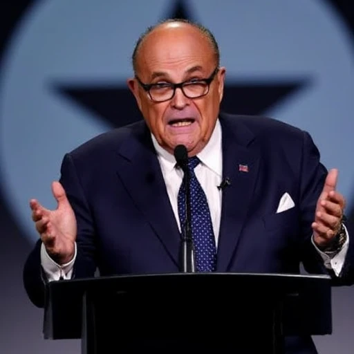 The image is a photograph of an elderly man delivering an impassioned speech or statement. He is standing behind a podium, which is black and has a microphone attached to it. The man is wearing a dark navy blue suit, a white dress shirt, and a polka-dotted tie. He has a small American flag pin on his lapel. He is bald with glasses, and his mouth is open wide, as if shouting or emphasizing a point, conveying a strong emotional expression. His hands are raised and spread wide apart, palms up, in a gesture of exasperation or emphasis. The background is blurred but appears to feature a large, dark star or emblem, possibly a logo, on a gradient background that transitions from dark at the top to light blue or white at the bottom. The lighting is bright, highlighting the subject's face and hands while the background remains out of focus, drawing attention to the speaker., giuliani, crazy faces, crazy expressions, weird faces, weird expressions