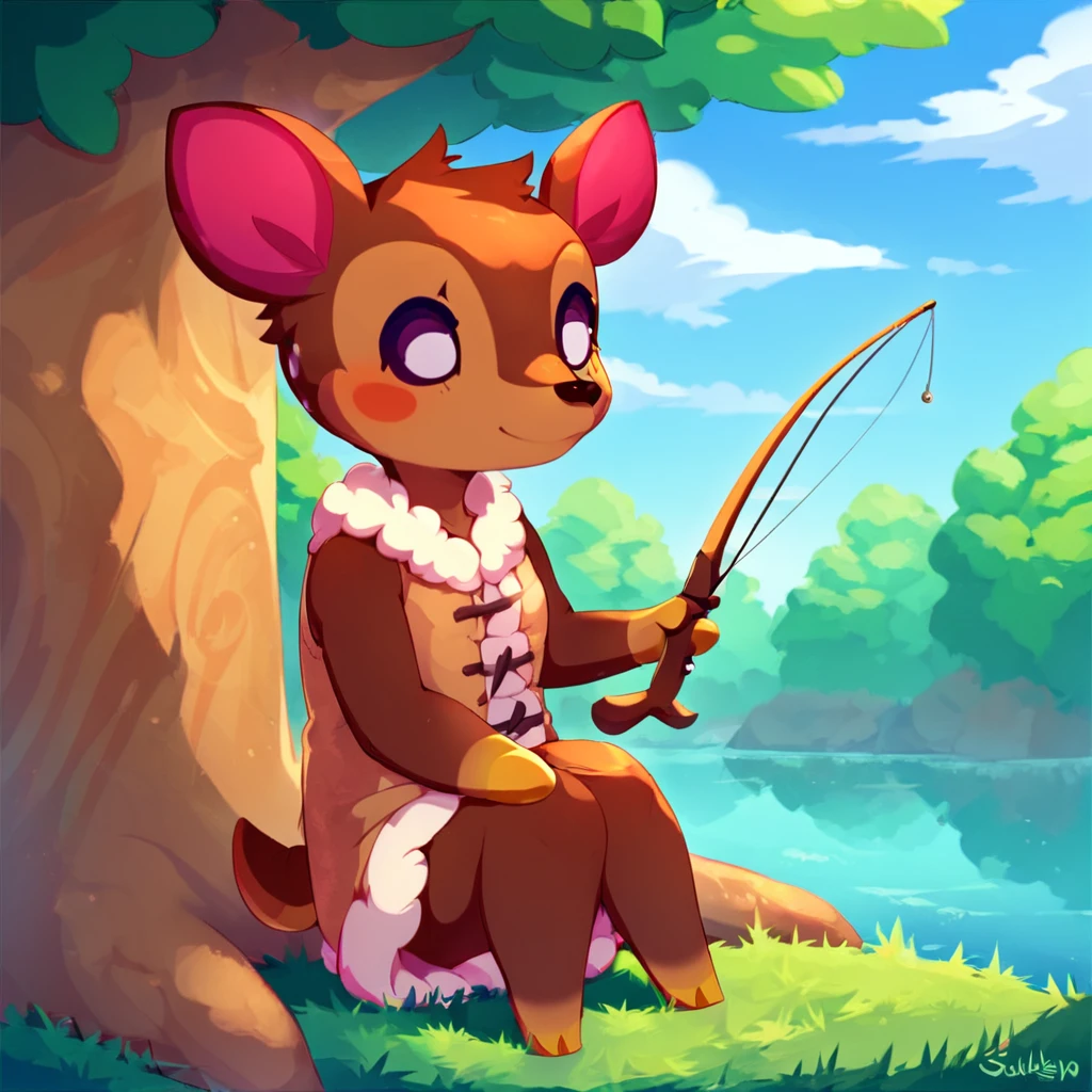 score_9, score_8_up, score_7_up, score_6_up, score_5_up, fauna \(animal crossing\), 1girl, solo, deer girl, anthro, chibi, sleeveless brown coat, full body, smile, sitting, fishing, holding fishing rod, river, grass, trees, clouds, outdoors, cute, wholesome