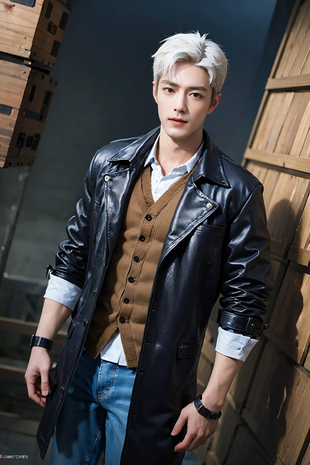 1boy, male focus, handsome, broad shoulders, white hair, finely detailed eyes, looking at viewer, solo, detailed background, (steampunk industrial), smirk, renegade, rugged dark leather clothes, small leather pouch, high fantasy medieval setting, smuggler hideout background, stealth, undercover, (crates in background), shadows, fog, (dutch angle),