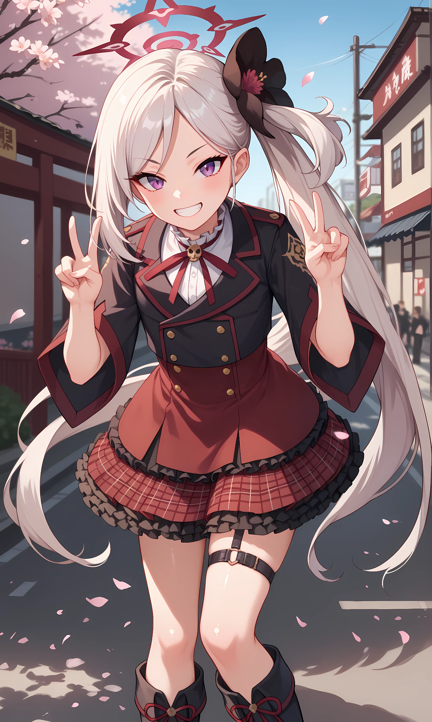 score_9, score_8_up, score_7_up, source_anime, 1girl, solo, outdoors, street, cherry blossoms, cowboy shot, standing, looking at viewer, shiny skin, mutsuki, purple eyes, white hair, very long hair, side ponytail, hair flower ornament, halo, black shirt, military uniform, short sleeves, dress, red skirt, plaid skirt, frilled skirt, frills, single thigh strap, black footwear, boots, neck ribbon, red ribbon, layered skirt, leaning forward, double v, grin