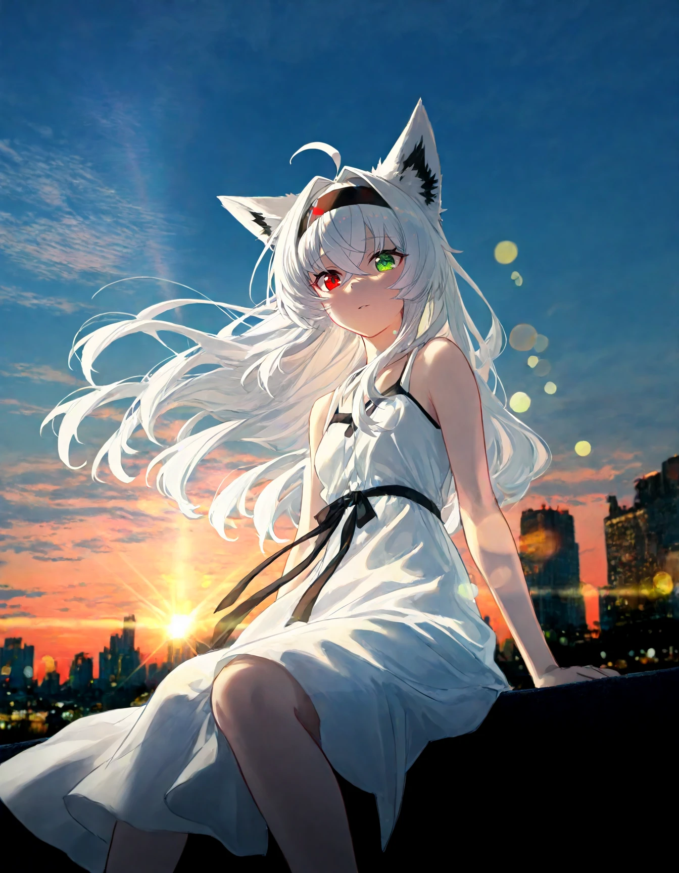 1girl, white dress, solo, green eyes, red eyes, heterochromia, fox ears, black headband, hair intakes, white hair, long hair, sundress, crossed bangs, evening, sunlight, twilight, city lights, bokeh, backlighting, dark, outdoors, sitting, from below, skyline, arm support, blurry, photo background, <lora:rafaelaaa:0.8>