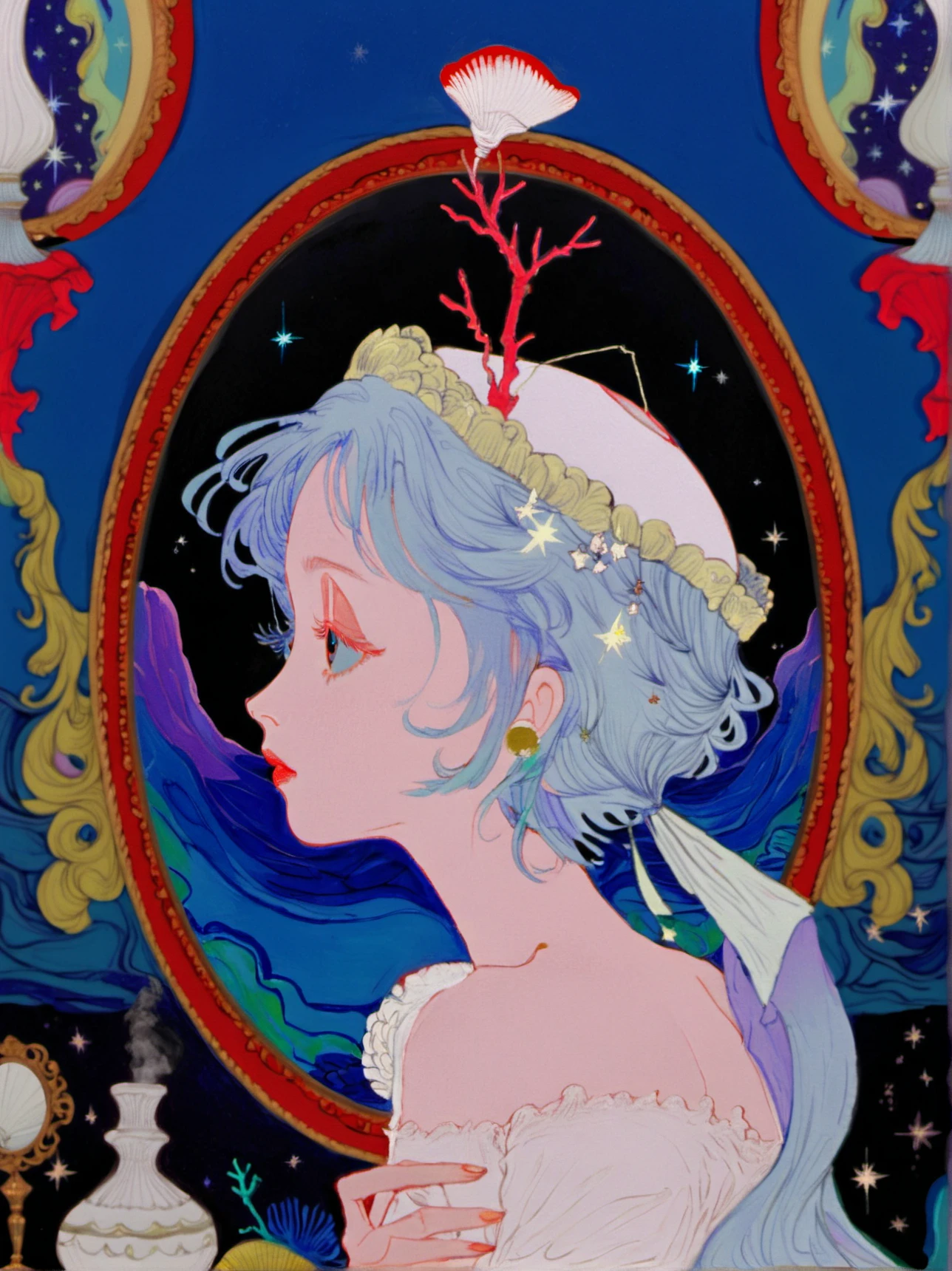 hxsj, a portrait of a young woman with a delicate, ethereal appearance. she has pale skin and short, curly blue hair adorned with a colorful, coral-like crown. her face is turned slightly to the right, revealing delicate features and a serene expression. her eyes are closed, and her lips are painted a deep red. she wears a simple, white, off-the-shoulder dress with intricate, lace-like detailing.

the background is a rich, dark blue, with ornate, gold-framed oval mirrors placed symmetrically around the portrait. the mirrors add a sense of depth and elegance to the composition. surrounding the woman are various objects that enhance the fantastical theme: to the left, there's a large, pink, fringed lampshade with a blue, textured base; a pink seashell is partially visible, and a small, blue, glass bottle with a pink stopper lies near the bottom. to the right, a vivid red coral branch extends from the background, adding a touch of natural beauty.