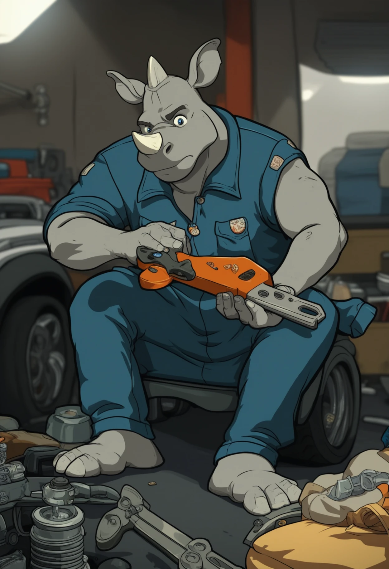 hifirush, safe_pos, score_9, score_8_up, score_7_up, 1boy, solo, anthro, rhino, 1horn, grey skin, large, solo, mechanic, coveralls, holding, wrench, car, fixing, engine, garage