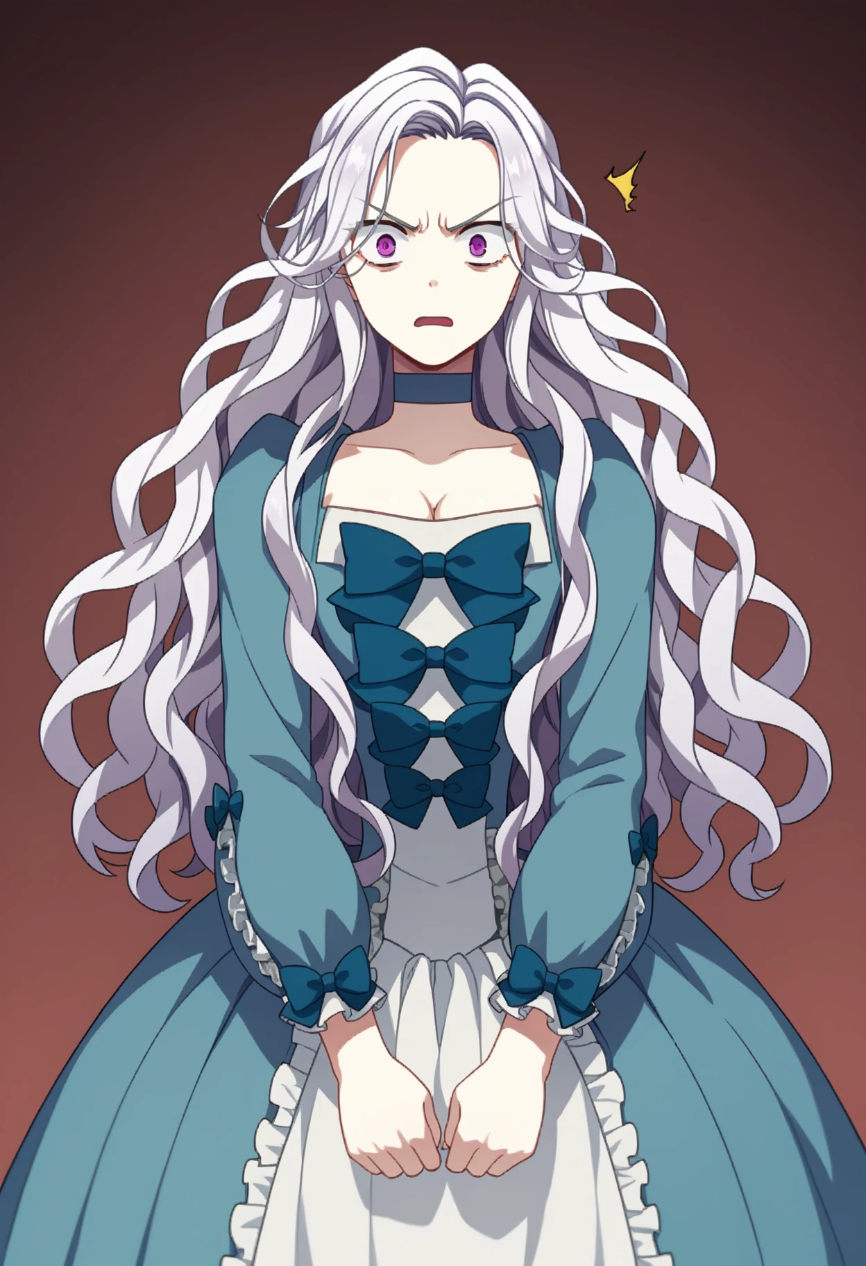 score_9, score_8_up, score_7_up, source_anime, 
BREAK
1girl, solo, <lora:shiAbiMomV1:0.9>,
shiabidef, vnstyle,
white hair, purple eyes, long hair, wavy hair, 
blue dress, frilled dress, frilled sleeves, long sleeves, 
blue choker, blue bow, cleavage, long dress, 
looking at viewer, expressionless, angry, open mouth, surprised,