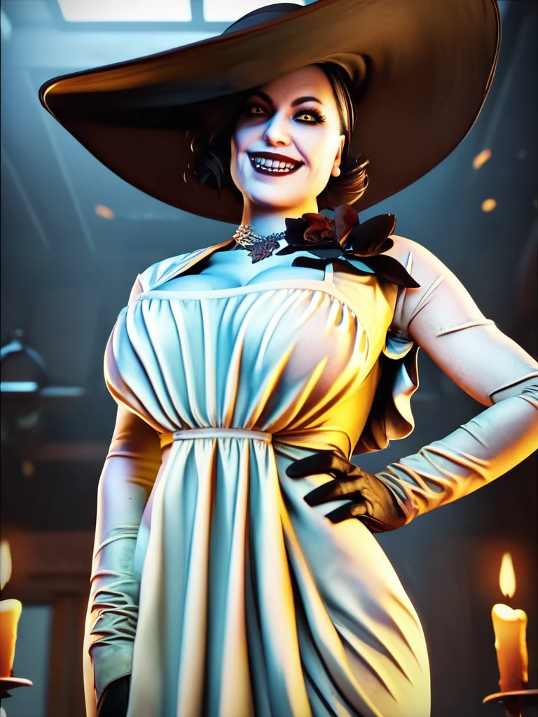 score_9, score_8_up, score_7_up, 1girl, hand on hips, looking at viewer, cowboy shot, detailed background, dynamic pose, dynamic angle, dark room, candles, front, evil smile, wide shot, horror \(theme\), 
 <lora:LadyDimitrus_character:0.85>, LadyDimitrescu, black hair, short hair, yellow eyes, white dress, long sleeves, cleavage,  black gloves, hat, jewelry, curvy, large breasts,  realistic, 3d, screencap